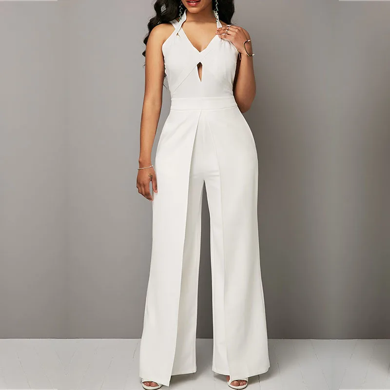 MUXU белый комбинезон combinaison pantalon femme elegante v образным вырезом широкие брюки с
