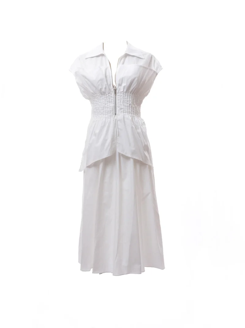 New 2019 Summer Elite Pressed Pleated Belt Shirt Neckwear Medium length Temperament Slim Dress | Женская одежда
