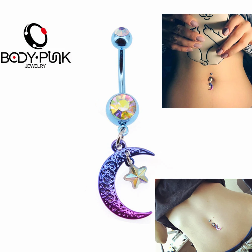 Боди в стиле панк летнее бикини пупка кольца 14 г Радуга Луна Звезда CZ Кольцо