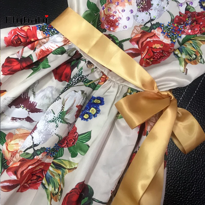 

Flower print 2019 high quality Ribbon new fashion design sleeveless O-Neck A-Line Streetwear Mid-Calf dress women's clothing