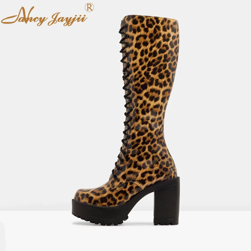 

2021 Winter Women Leopard Sexy Platform Mid Calf Boots Female Patent Leather Super High Chunky Heel Booties Lace Up Shoes