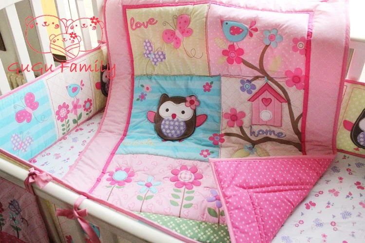 hot sell New 8pcs Baby Crib Cot Bedding Set Quilt Bumper Sheet Dust Ruffle Nappy bag 5 items Birdie Owlet for Girl GuGu Family