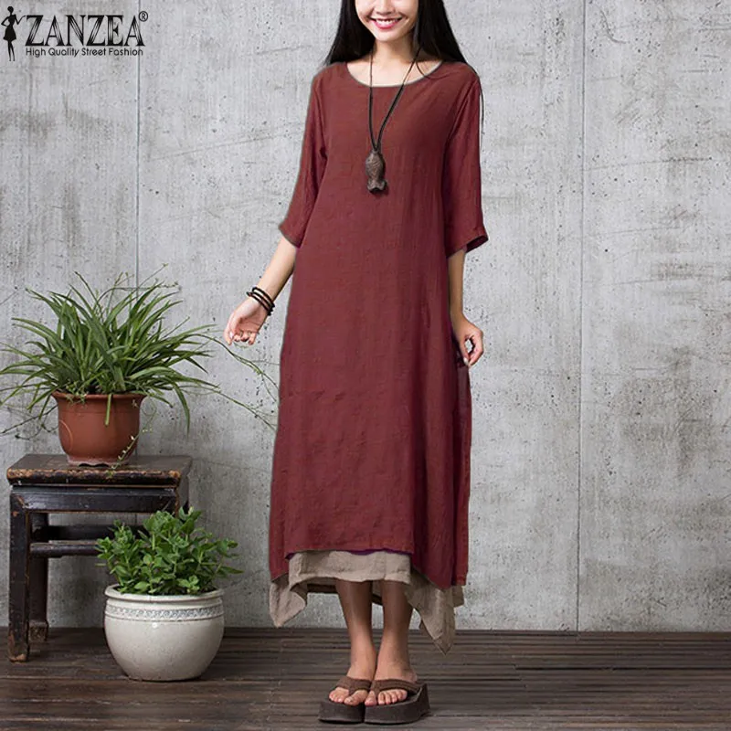 ZANZEA, 9 цветов,, летнее платье, женское, повседневное, свободное, Vestidos, хлопок, лен, длинное платье, макси, платье, рубашка, Ретро стиль, размера плюс - Цвет: Wine Red