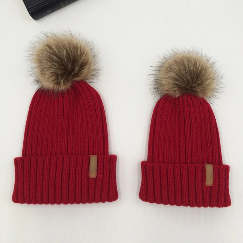 Меховая шапка с помпоном для мальчиков и девочек Gorros Babies шапки с помпоном для мамы и ребенка Зимняя шерстяная вязаная шапочка детская зимняя шапка с Енотом