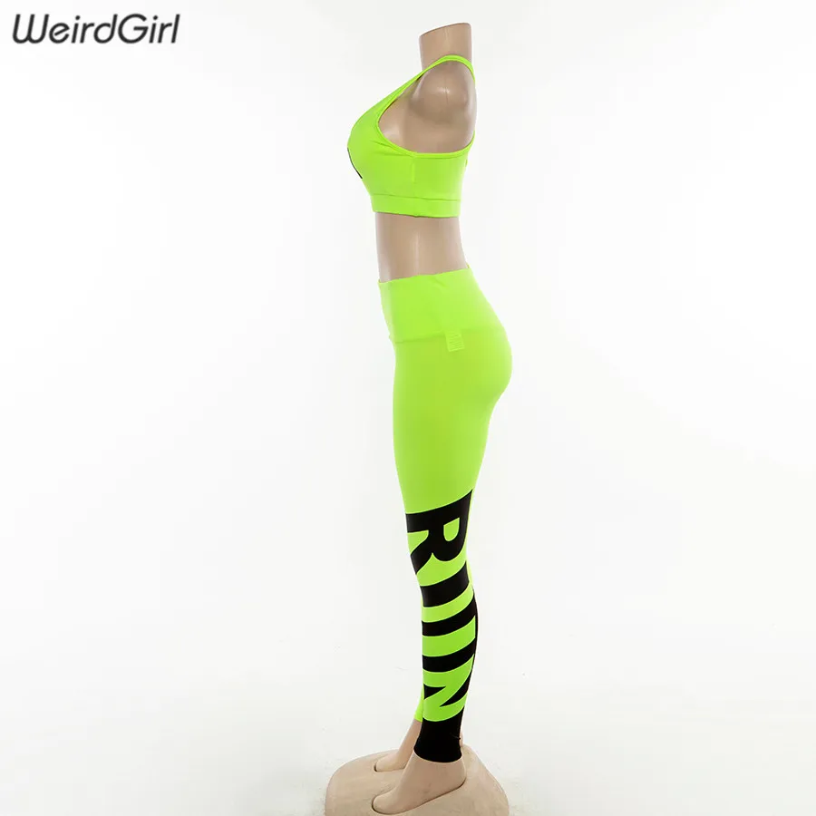 Weirdgirl, новинка, Женский фитнес, тонкий, с буквенным принтом, неоновый, желтый, комплект из двух предметов, топы без рукавов, эластичные, с высокой талией, леггинсы, костюмы