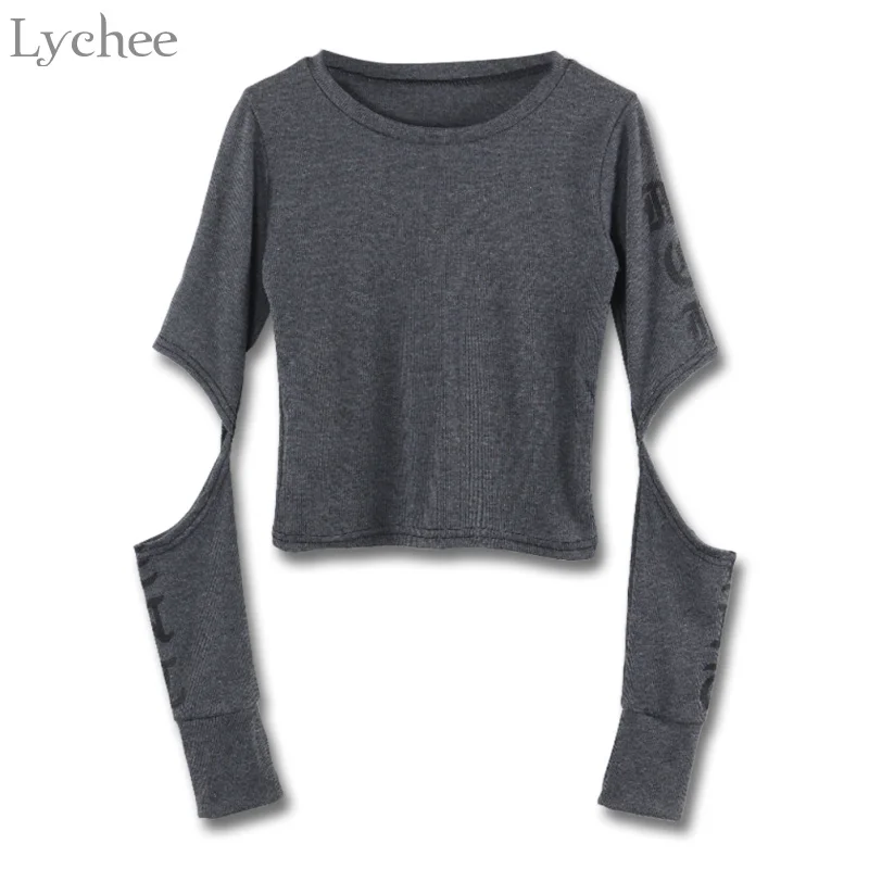 Сексуальная Женская футболка Lychee облегающая с длинным рукавом и вырезами