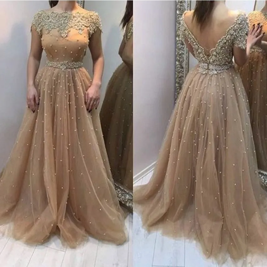 

2019 Dubai Saudi Arabia Middle East Prom Dresses Champagne A Line Tulle Appliqed Pearls Evening Party Gowns Vestidos