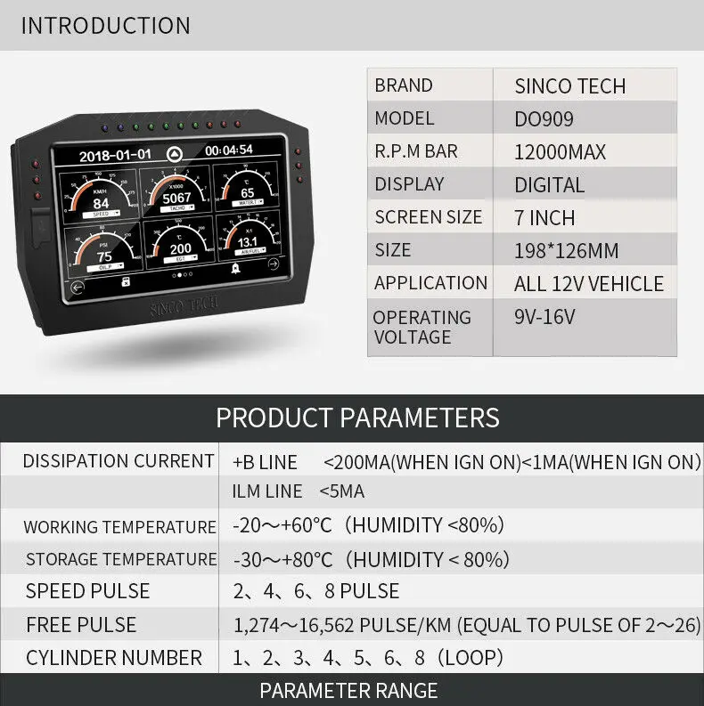 DO909 Dash дисплей гонки полный комплект датчика Красочный lcd сенсорный экран