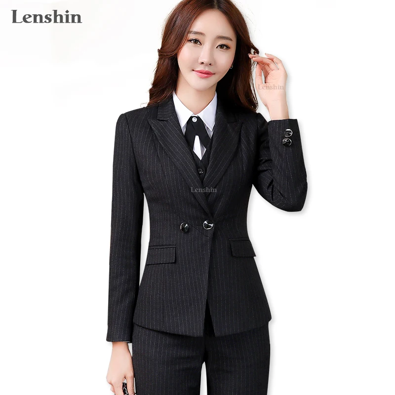 Женский деловой костюм Lenshin черный мягкий в полоску из двух предметов деловая