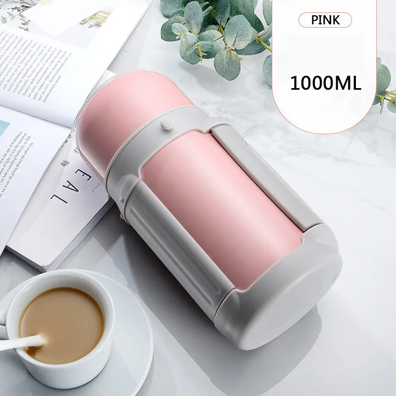 Мода bpa-free 1000 мл большая емкость для путешествий на открытом воздухе термос бутылка портативная ручка чай молоко вакуумная колба еда Braise горшок - Цвет: Розовый