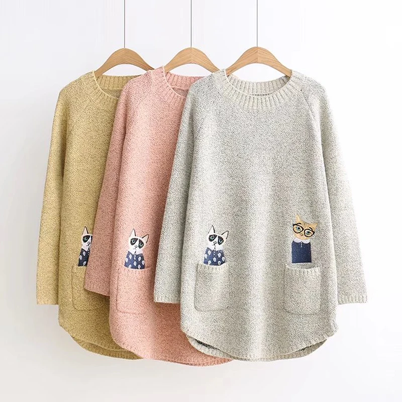 Sweater Women Winter 2019 Two Pockets Cat Pattern Embroidery And Pullovers Long Sleeve Knitted Sweaters Female | Женская одежда