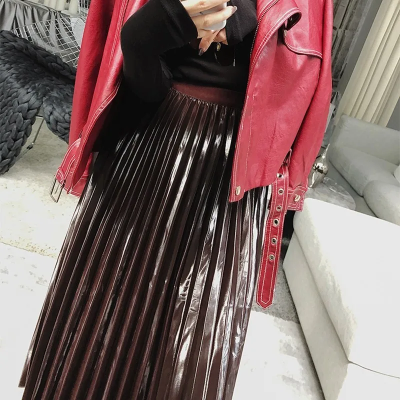 TWOTWINSTYLE PU Leather Elastic Female Skirts Solid High Waist A Line Pleated Skirt For Women Fashion Korean Style 2018 Autumn | Женская