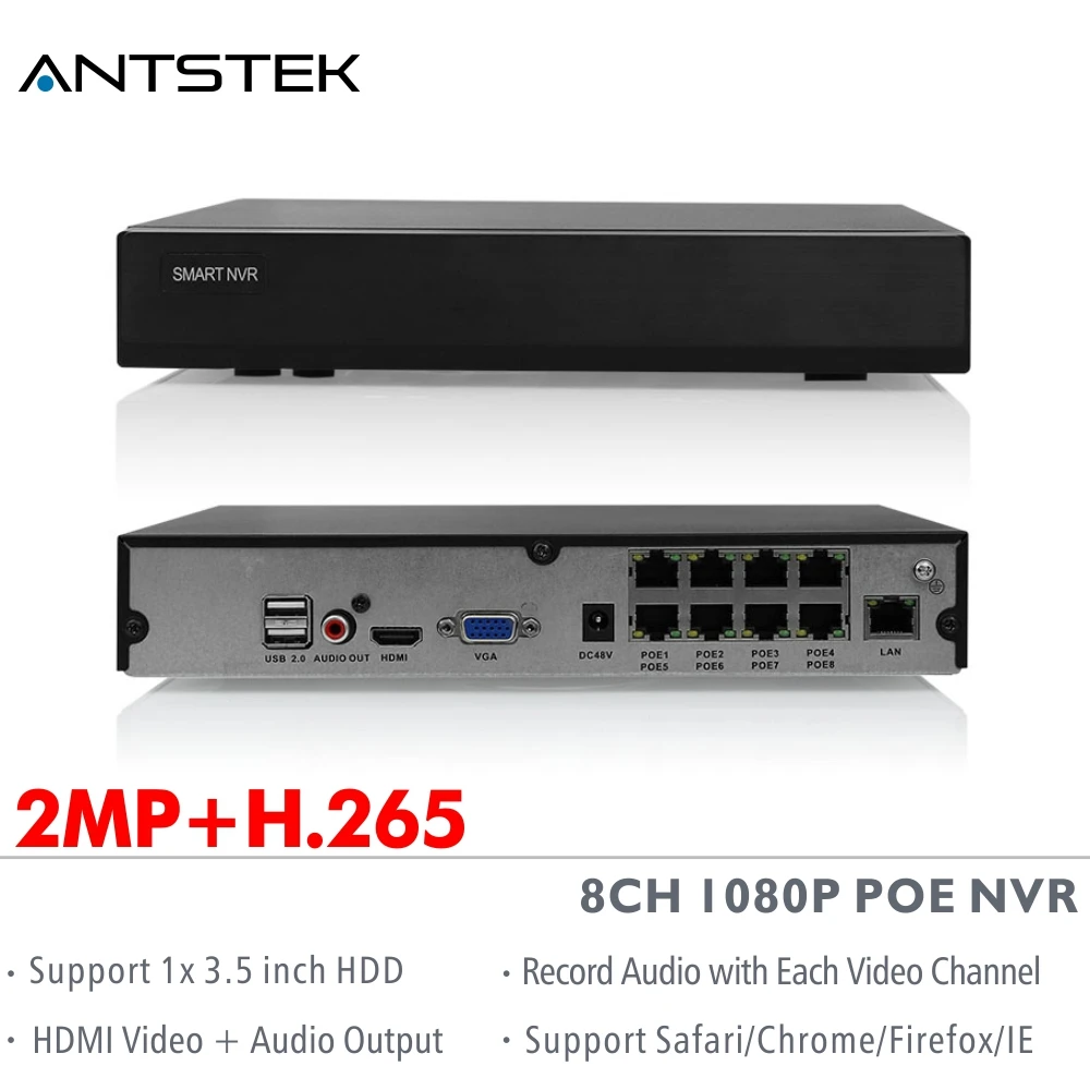 ANTSTEK 4CH 8CH 1080 P H.265 Onvif PoE NVR Поддержка 1xsata HDD с смартфон удаленного просмотра