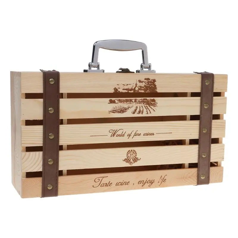 Vintage Wood Red Wine Bottle Box Carrier Crate Case Storage Carrying Display Holder Birthday Party Christmas Gift