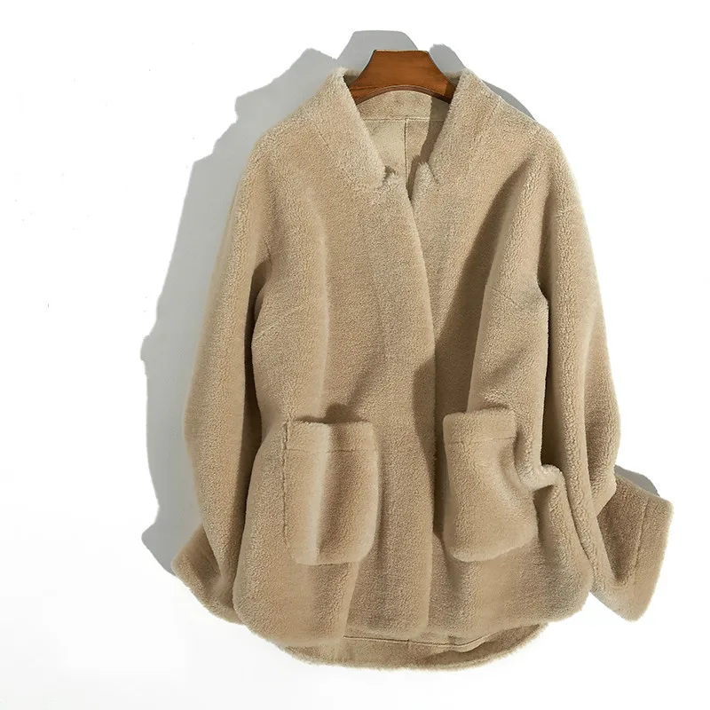 beige Шерстяная куртка, овчина, мех, зимнее пальто, женская одежда, натуральное меховое пальто, Корейская элегантная подкладка из искусственной кожи, Casaco Feminino ZT809 - Цвет: beige
