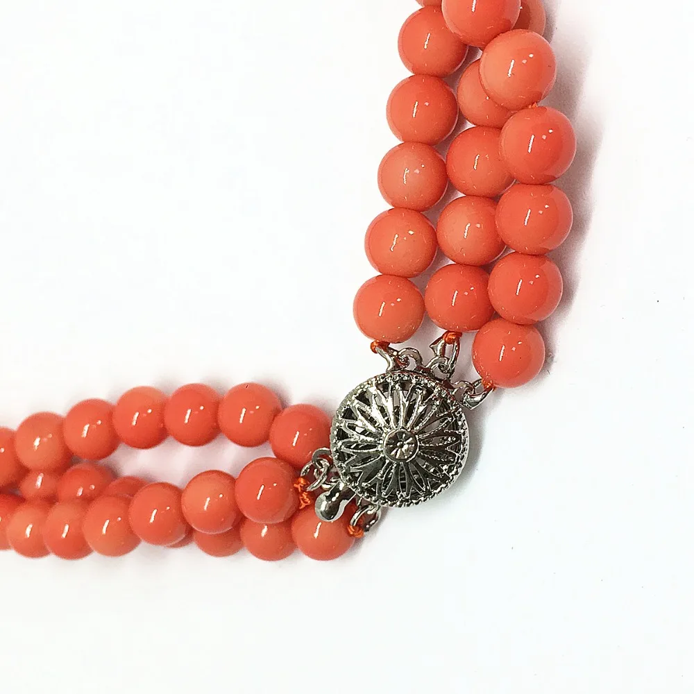 Lovely pink orange artificial coral 6mm round beads 3rows necklace fashion special design women jewelry 18inch B1513 | Украшения и