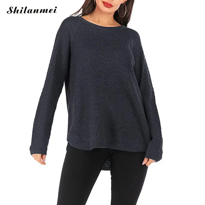 Повседневный Однотонный женский трикотажный свитер необычный Свободный