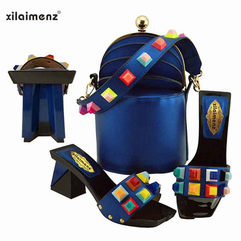 

2019 Spring New Arrivals Nigerian Women High Quality Shoes and Nice Bag to Match Mature Style Super High Slipper in Royal Blue
