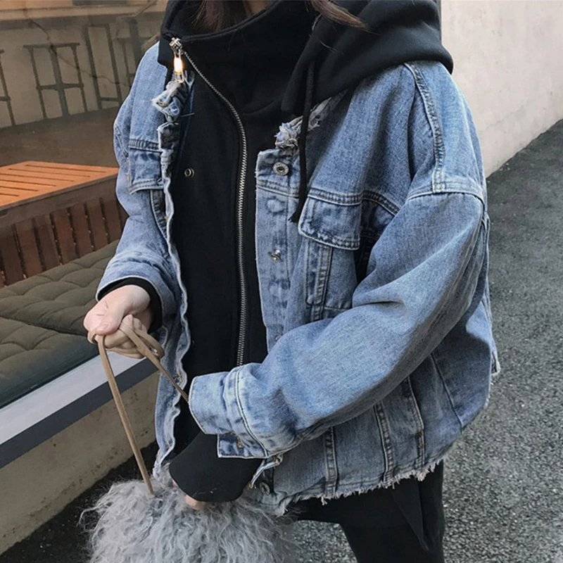 TWOTWINSTYLE/женские джинсовые толстовки из овечьей шерсти в стиле пэчворк, куртка с капюшоном, длинные рукава, толстые корейские пальто для женщин, новинка года, Осень-зима