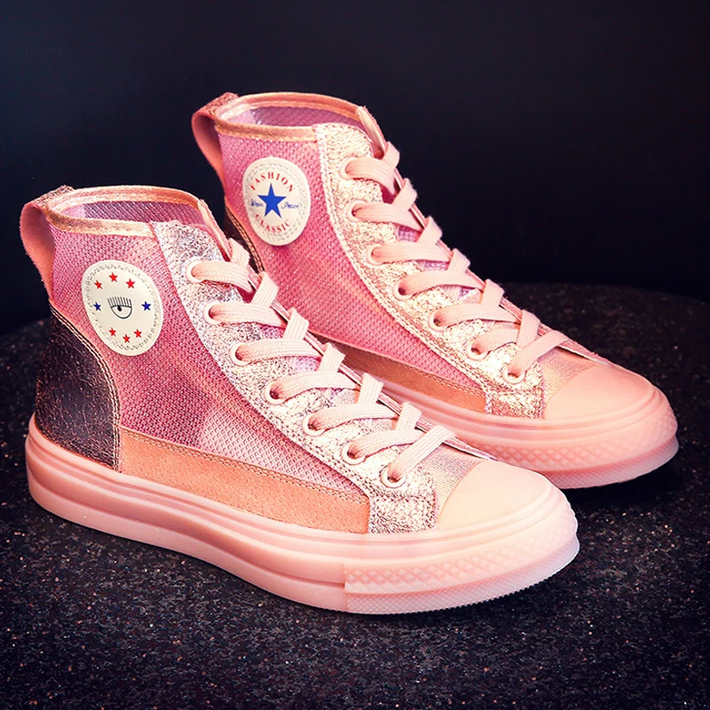 2019 модные высокие кроссовки парусиновая обувь Для женщин Повседневное Розовая