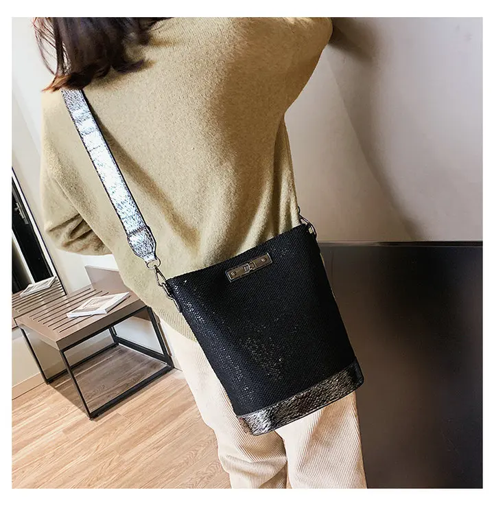 Fashion Luxurious female Korean Sequin Bling Black Bag shoulder Bucket bag Designer Ladies Crossbody Messenger Bags B42-29
