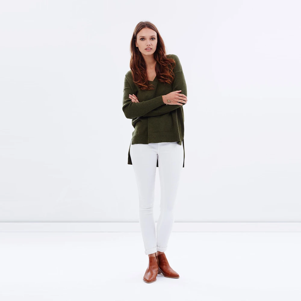 HDY Haoduoyi Solid Green V neck Sweater Women Loose Long Sleeve Pull 2020 Fashion Back Cross Soft Pullovers Sweaters Jumper | Женская