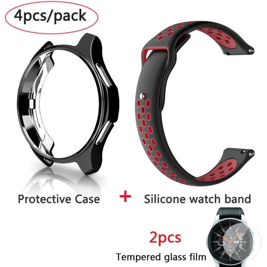black red-blackcase 4в1 силиконовый ремешок для часов+ защитный чехол+ Закаленное стекло пленка для samsung galaxy Watch 42 46 мм ремешок для часов защитный чехол стеклянная пленка - Цвет: black red-blackcase