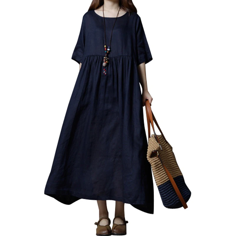 Женское длинное платье из хлопка и льна однотонное с коротким рукавом лето 2020 |