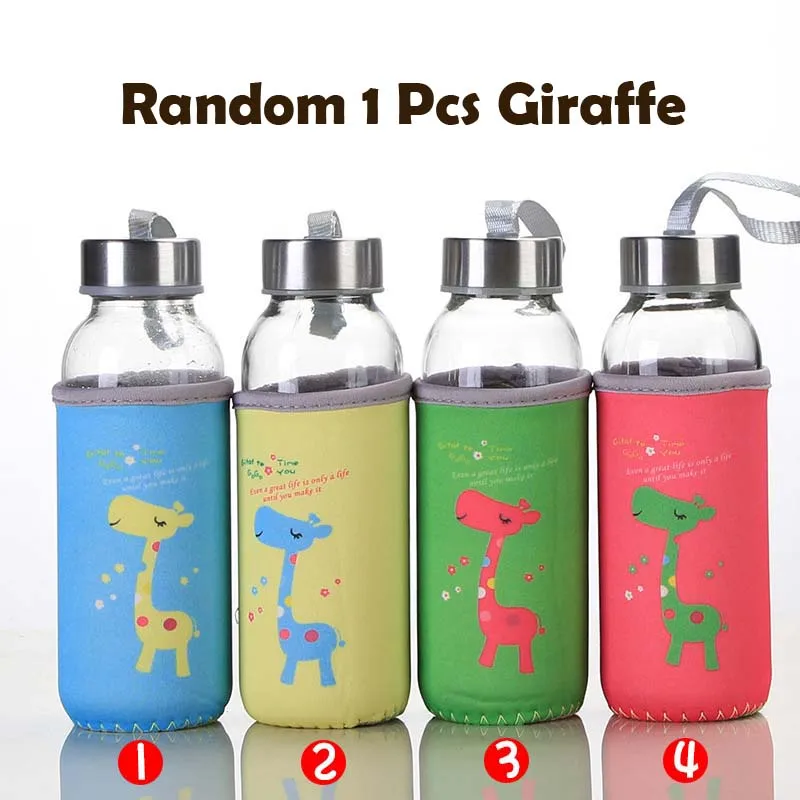 Random Giraffe 300 мл стеклянная бутылка для воды с крышкой для спорта на открытом воздухе портативные герметичные питьевые бутылки с сумкой лимонный фруктовый тумблер - Цвет: Random Giraffe