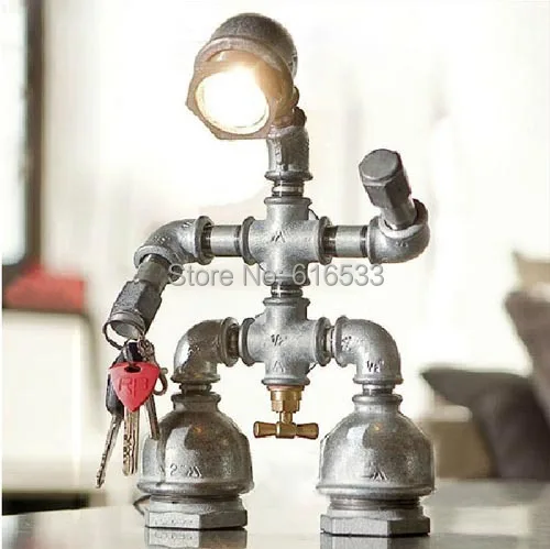 

Loft Vintage Antique Industrial American Water Pipe Robot Edison Table Lamp Reading Beside Bedroom Home Decor Modern Lighting