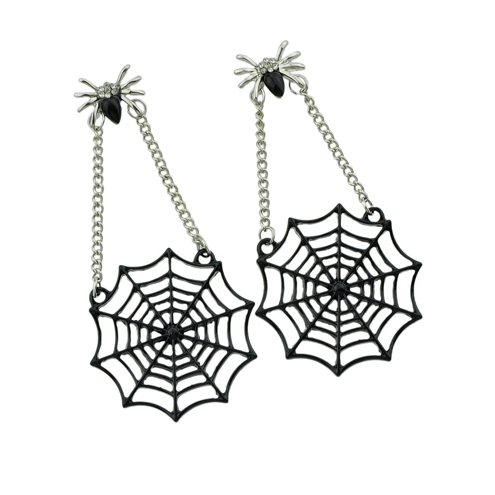 Feelontop Statement Earrings Silver Color Chain Jewelry Spide Pattern With Black SpideWeb Shape Drop For Women|chain drop earrings|chain earringsdrop