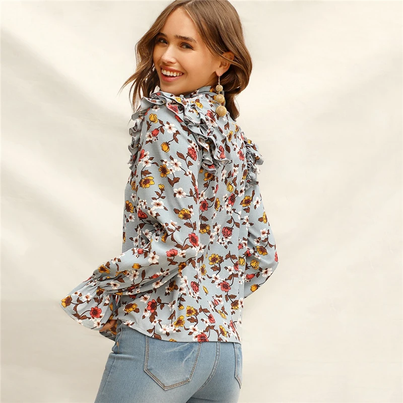 SHEIN Нарядная Блуза С Цветочным Принтом, Блуза С Воротником-Бантом И Длинным Рукавом