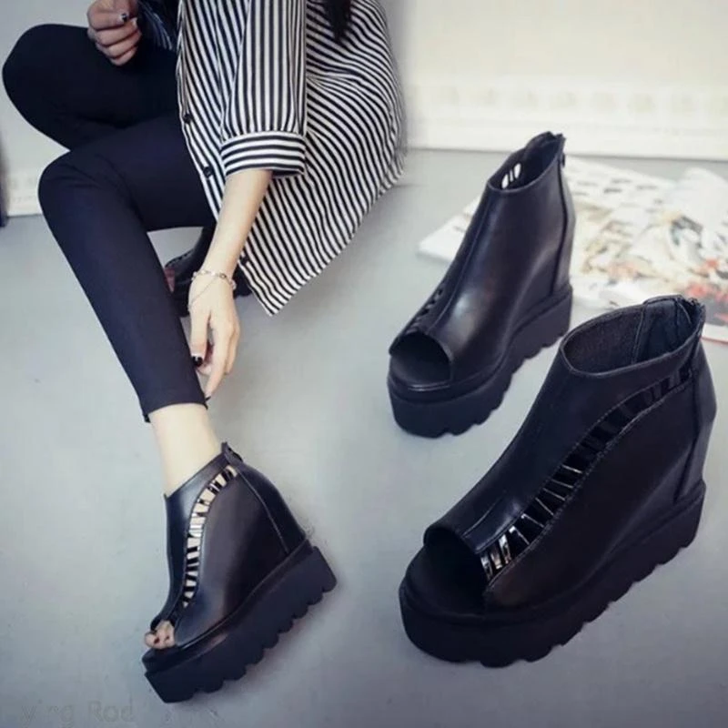 Hot Sale! Newest Women Platform Fish Mouth Sandals Boots Back Zipper Roman Sexy Hollow Wedge Shoes | Обувь