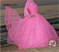 hot sale long sleeve hot pink ball gown quinceanera dresses 2019 long prom gown puffy sweet 16 dress for 15 years