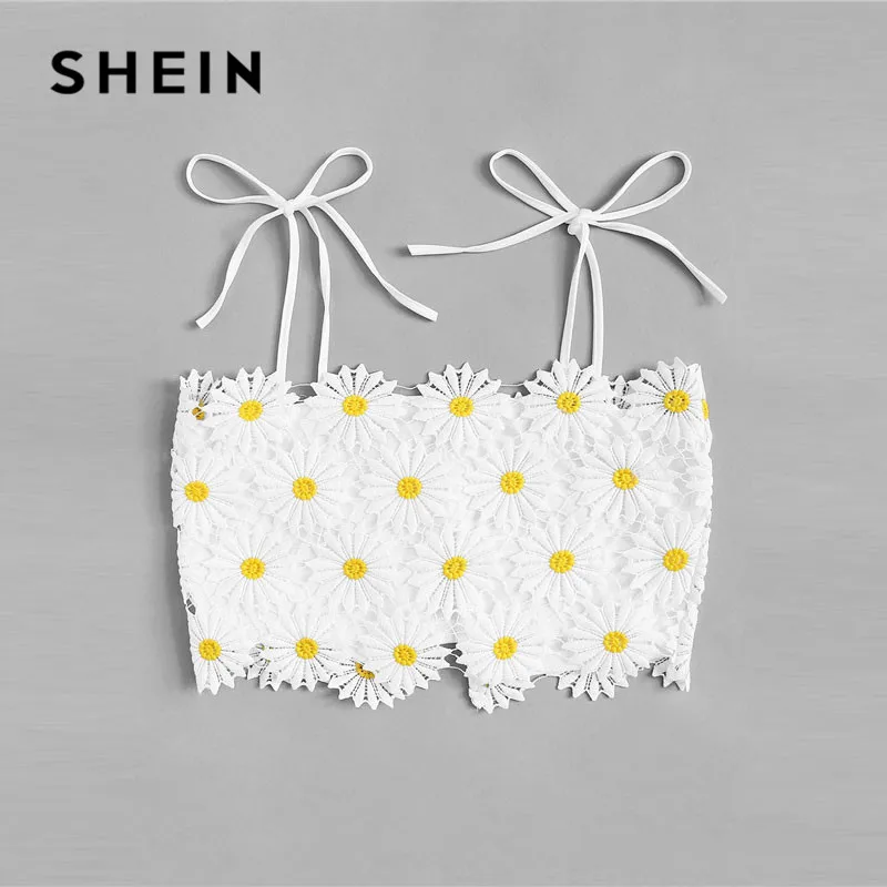 SHEIN женский белый укороченный топ с вышивкой на плече и узлом, женский пляжный отдых, Boho, милый облегающий летний топ на бретельках, сексуальный топ