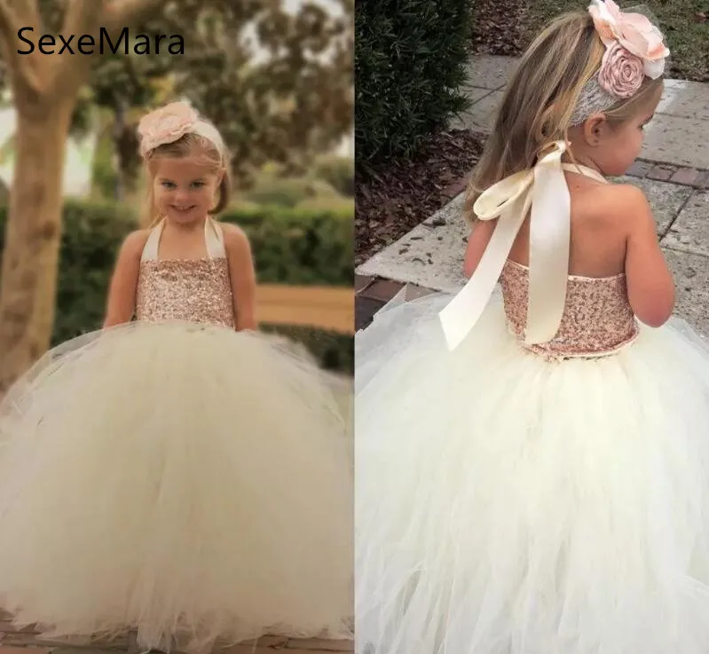 Flower Girl Dresses for Wedding Bling Rose Gold Sequins Ivory Puffy Bottom Ball Gown Girls Pageant Dress Custom Made | Детская одежда и