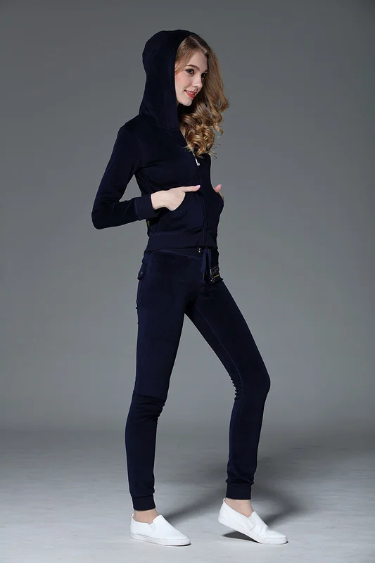 Женские спортивные костюмы Juicy Lovers черные темно-синие облегающие бархатные с