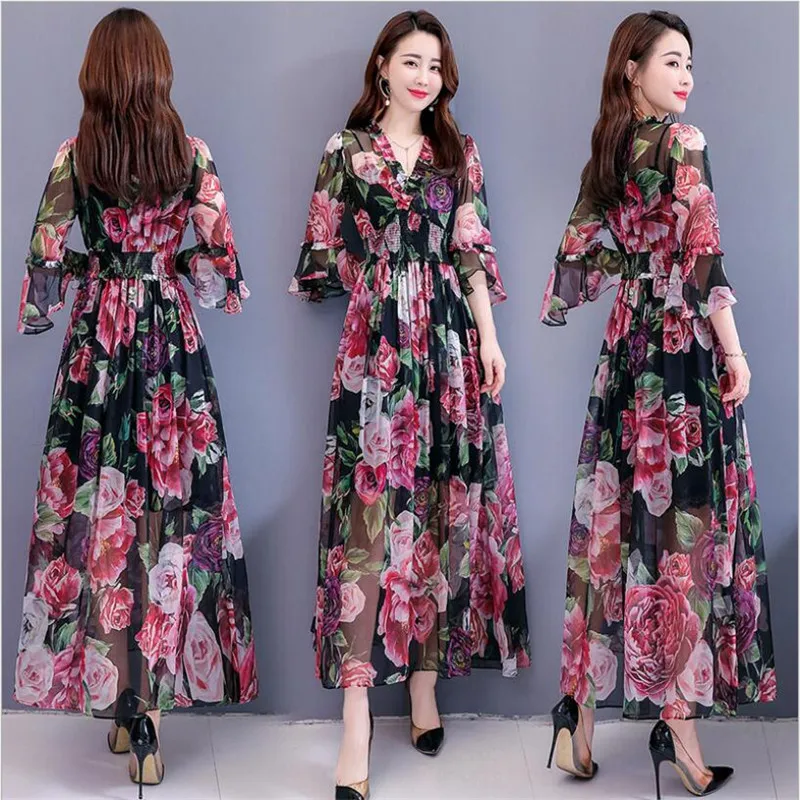 Летнее шифоновое платье с расклешенными рукавами богемное пляжное макси