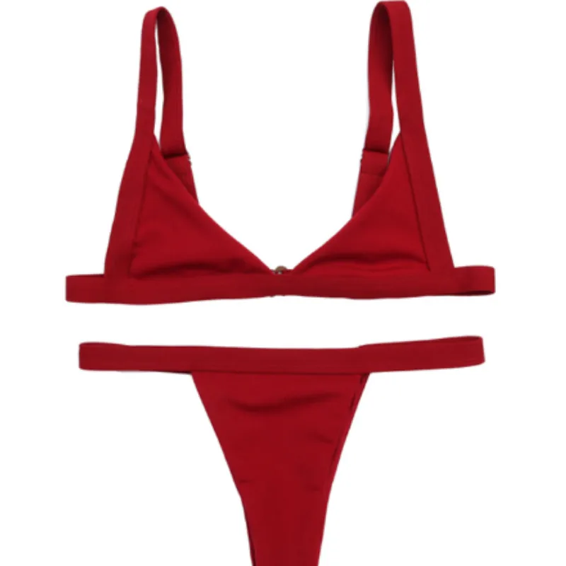 Womens Triangle Bikini Set Solid Color Stretch Slim Swimwear Swimsuit Push Up Padded High Waist Bottom Beach Bathing Suit