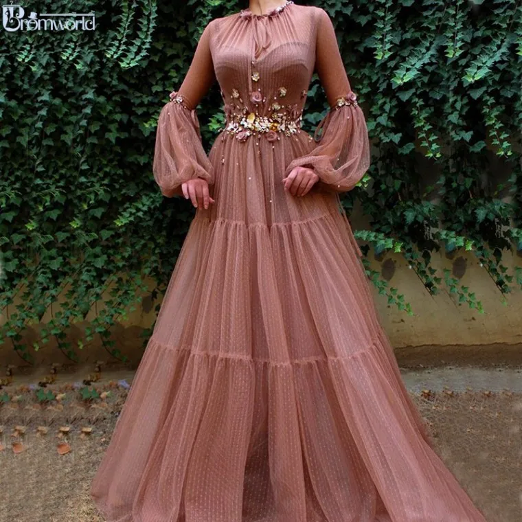 Blush Muslim Evening Dresses A-Line Long Sleeves Flowers Tulle Islamic Dubai Kaftan Saudi Arabic Elegant Long Evening Gowns - Цвет: same as photo