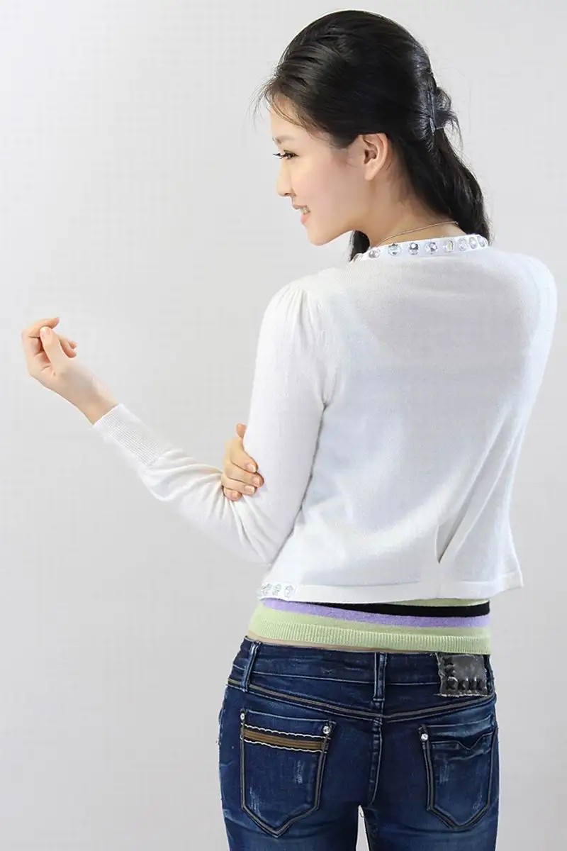 Свитер женский из чистого кашемира белый короткий кардиган с блестящими