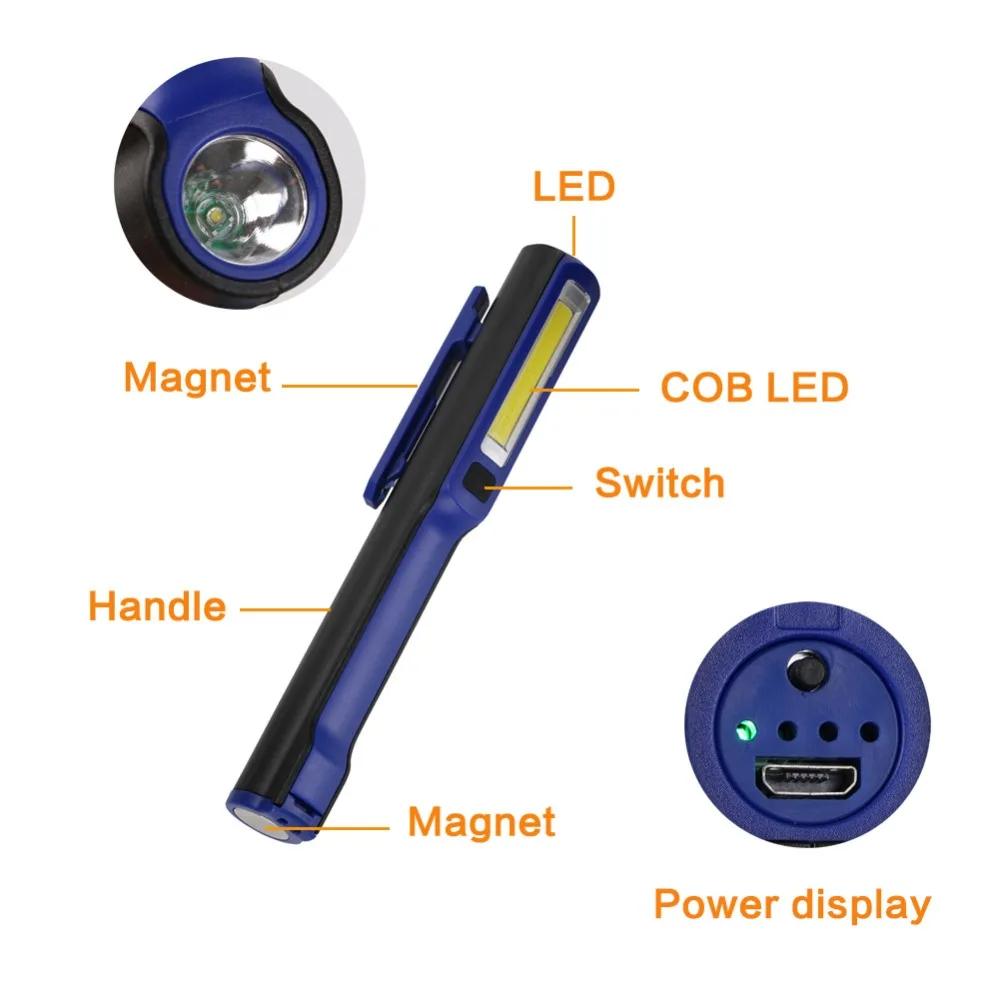 USB зарядка светодиодный фонарик COB + XPE перезаряжаемая магнитная ручка зажим
