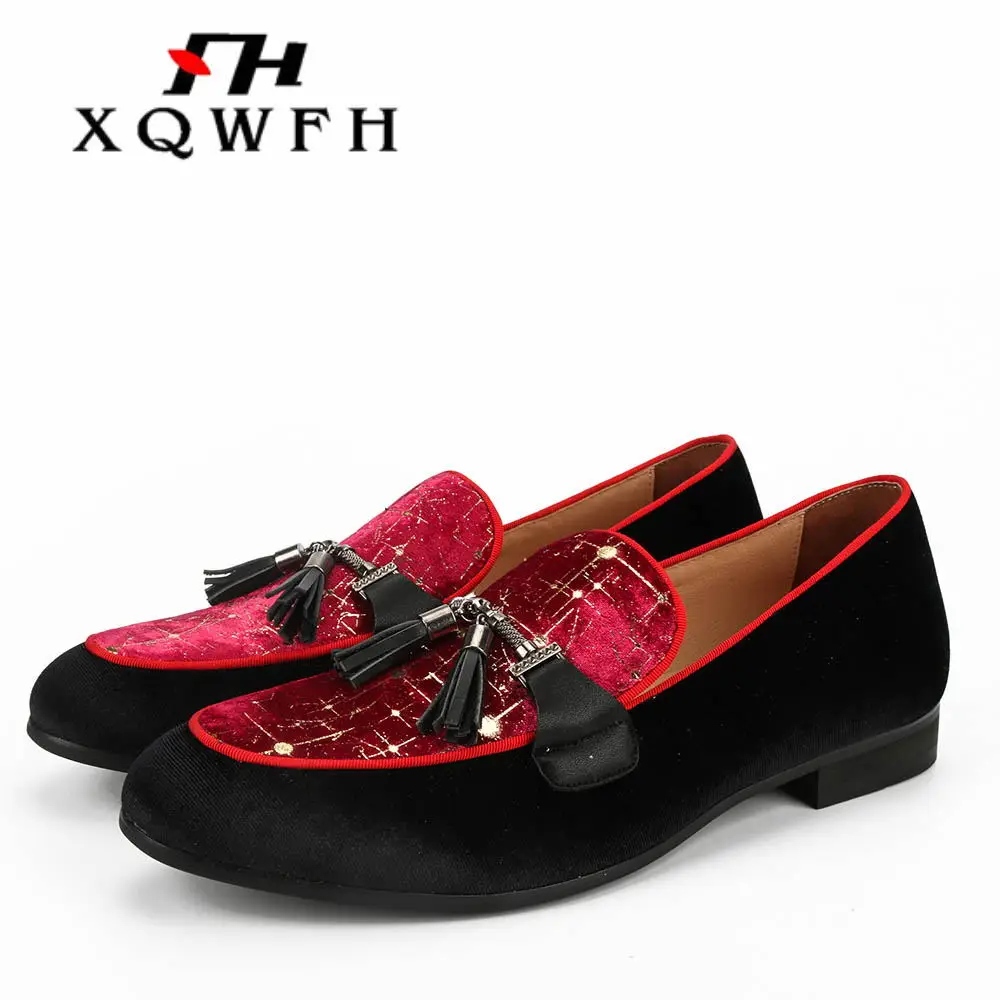 Handmade Velvet Men Loafers Fashion Party and Wedding Tassel Shoes Male Smoking Slipper Plus Size Men's Flats | Обувь