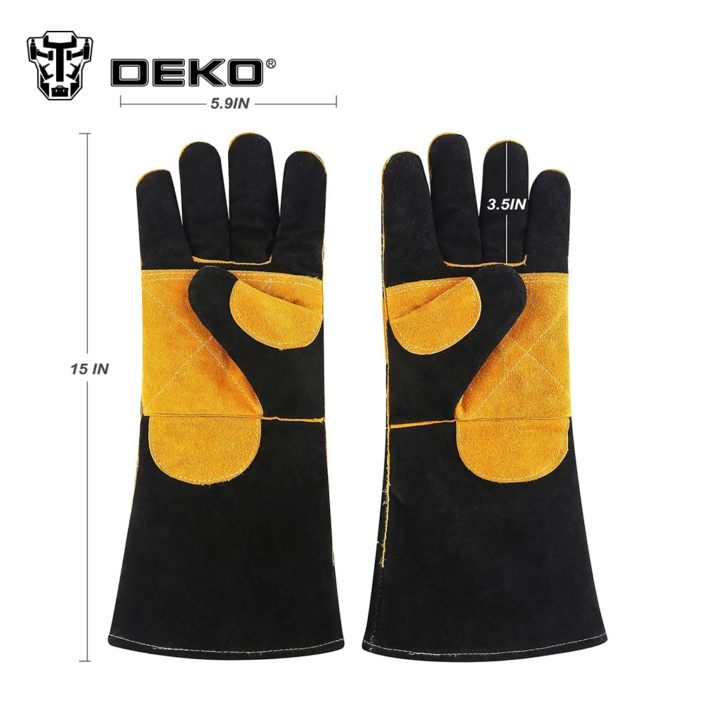 Фото DEKO 15 Inch Leather Welding Gloves for DIY Wood Working/Fireplace/Stove/BBQ/Gardening/Welding Work Gloves for TIG/MIG Welders №5