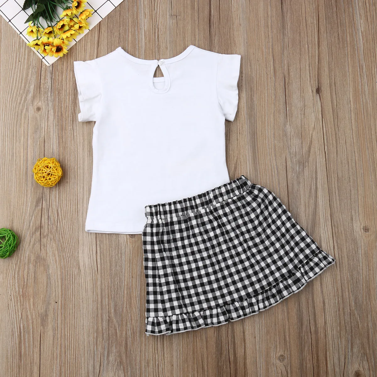 Toddler Baby Girl Clothes Set 2019 New Kids Summer Tops T-shirt + Ruffle Short Plaid Skirts Outfit Children | Детская одежда и