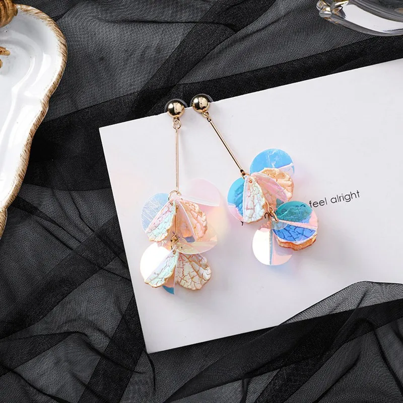 Свежие летние серьги для женщин в виде цветов с блестками длинные висячие