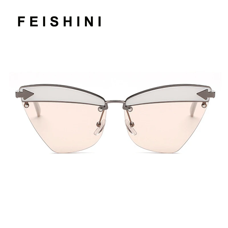 

FEISHINI Brand Metal Frame Rimless Cat eye Sunglasses Ladies Mirror 2020 Fashion Trendy Yellow Glasses Women UV Protector