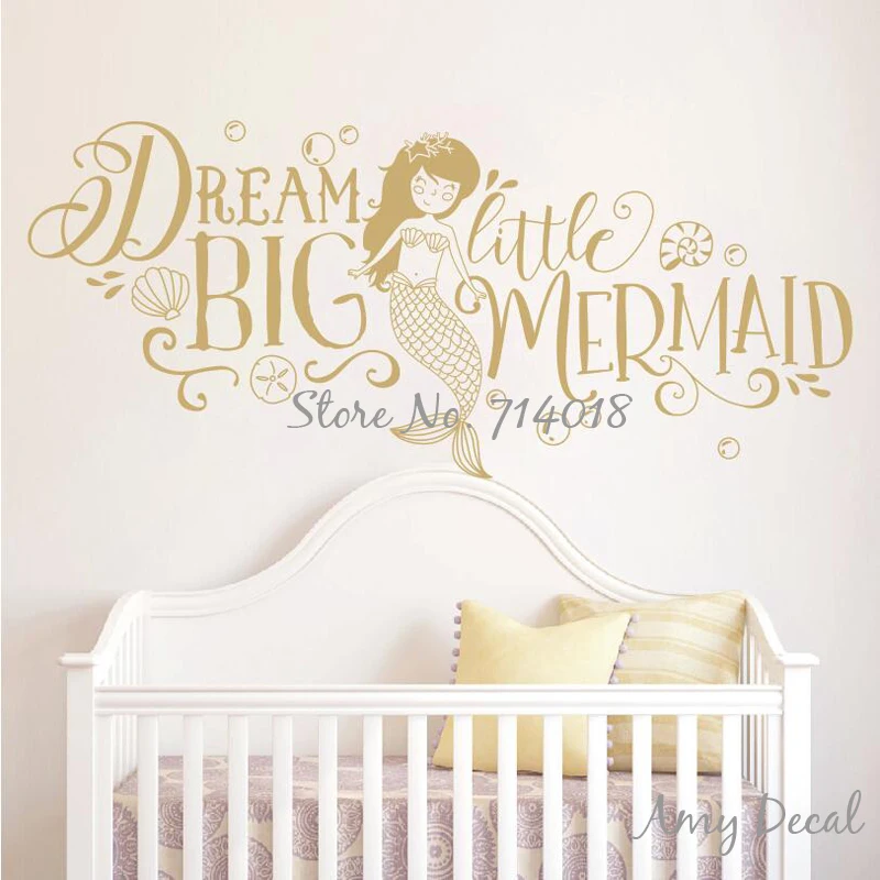 Dream Big Little Mermaid Wall Sticker Girls Nursery Decor Cute Quote Stickers Kids Room Decoration Vinyl Mural A868 | Дом и сад