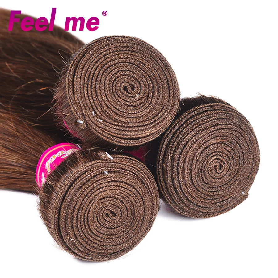 FEEL ME Pre-colored Raw Indian Hair 3 Bundles with Closure #4 Ombre Med Brown Straight Human Weaves | Шиньоны и парики