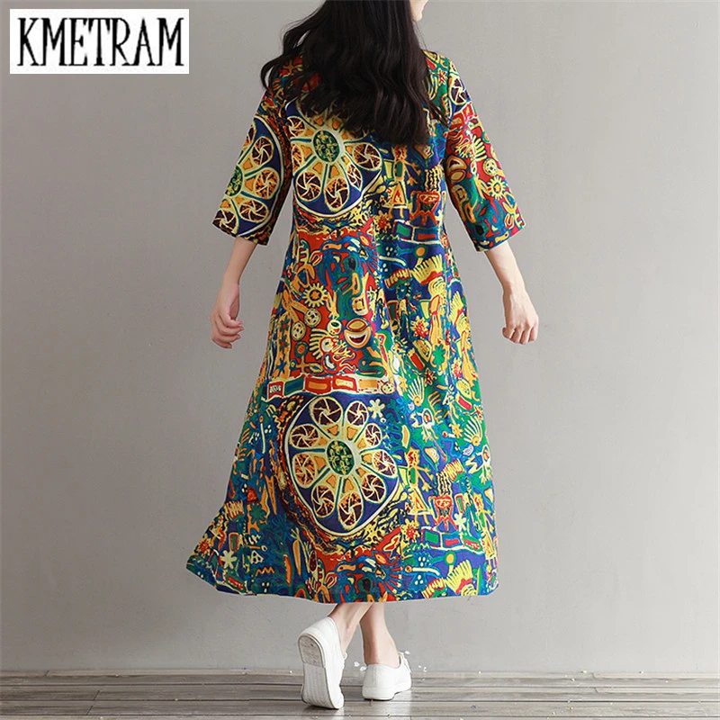 Платье женское длинное с цветочным принтом из хлопка батальных размеров YJZ012|vestidos